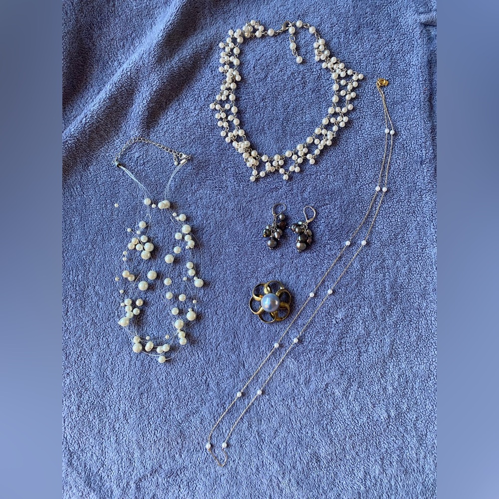 Lot Faux Pearl Jewelry Earrings Necklaces Brooch Signed Direction One Gray White